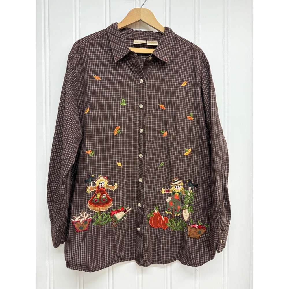 Vintage Bobbie Brooks Womens 18-20W Fall Themed Button Shirt Long Sleeve Cotton